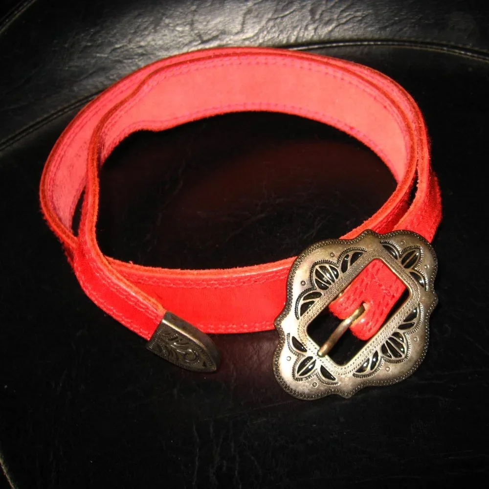 Liz Claiborne Red Suede Belt with Antique Brass Buckle